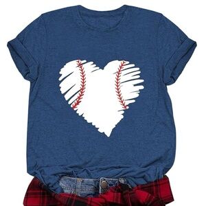 NEW Amazon Teal Blue Baseball Heart Graphic SS Cotton Blend MOM T-Shirt